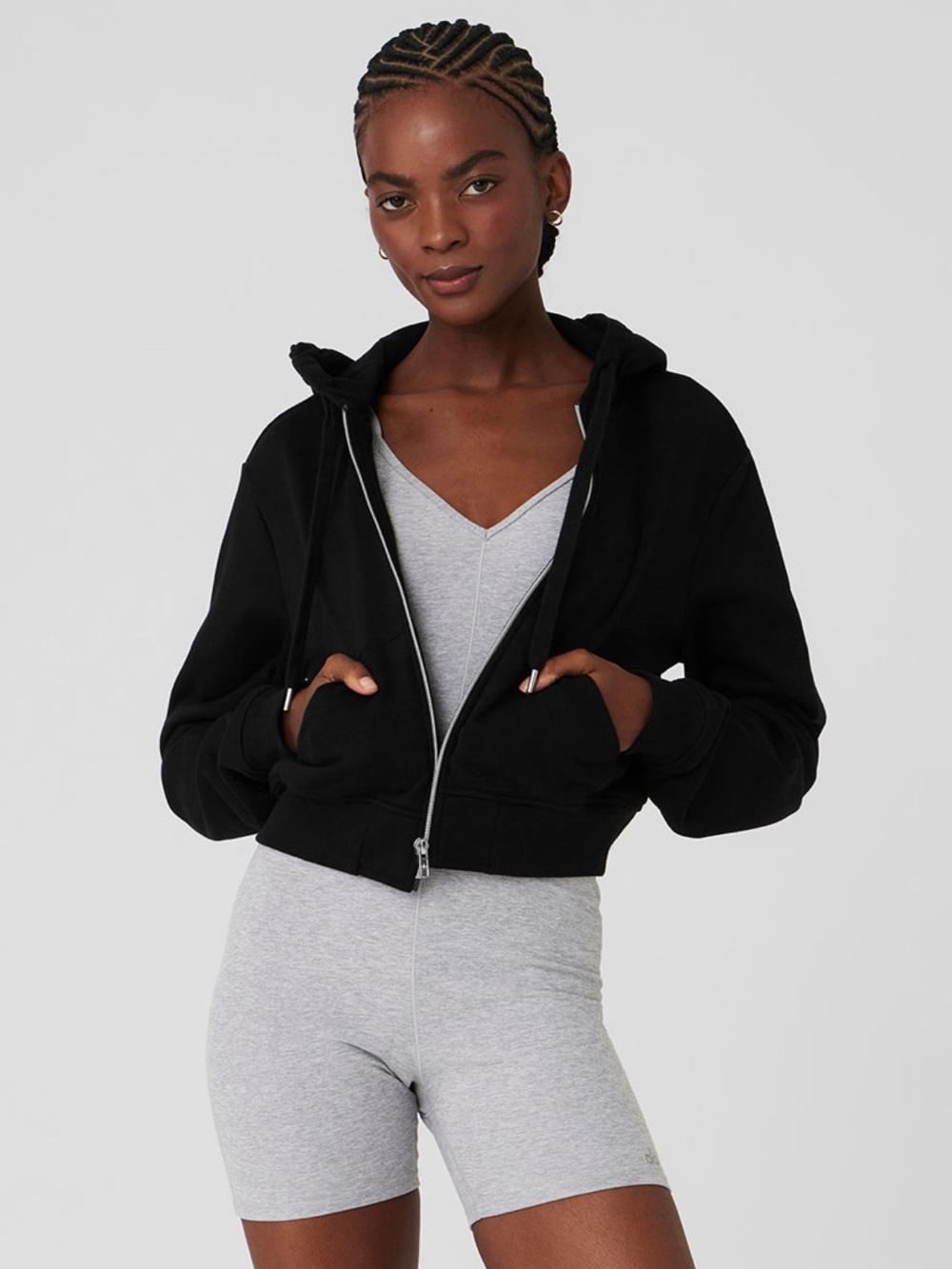 Alo Yoga “Routine Cropped Zip Hoodie” in black